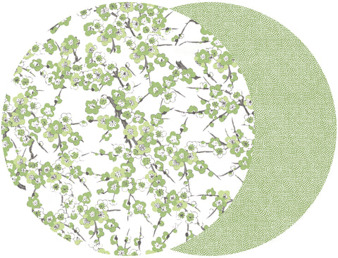 ROUND TWO SIDED GREEN BLOSSOM AND DOT FAN PLACEMAT