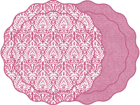 SCALLOP TWO SIDED DAMASK PLACEMAT WITH DOT FAN ~ BERRY
