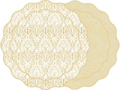 SCALLOP TWO SIDED DAMASK PLACEMAT WITH DOT FAN ~ LATTE