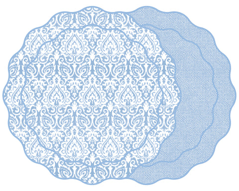 SCALLOP TWO SIDED DAMASK PLACEMAT WITH DOT FAN ~ DENIM