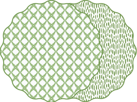 SCALLOP TWO SIDED COTTON & QUILL TRELLIS  PLACEMAT WITH DASH ~ GREENERY
