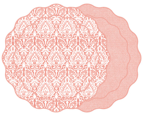 SCALLOP TWO SIDED DAMASK PLACEMAT WITH DOT FAN ~  WATERMELON